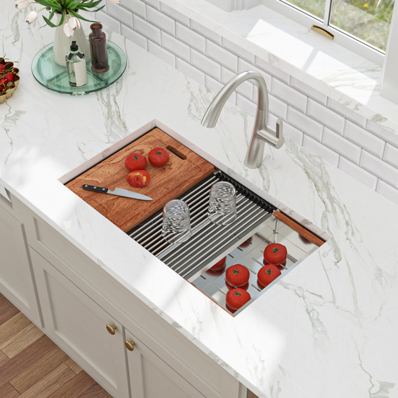 30'' L x 19'' W Undermount Workstation Kitchen Sink, Stainless Steel 50/50 Double Bowl Kitchen Sink with Sink Grid, Colander, Cutting Board, Strainer and Roll-up Rack