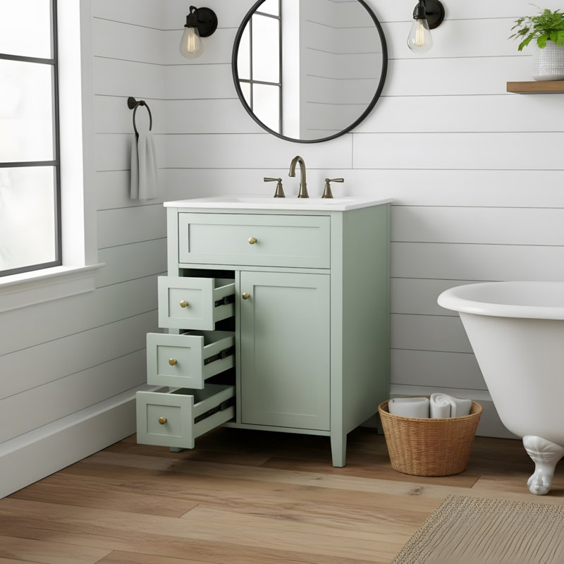 Meuble-lavabo de 24 po avec lavabo, 3 tiroirs et armoire, Vert, 24"