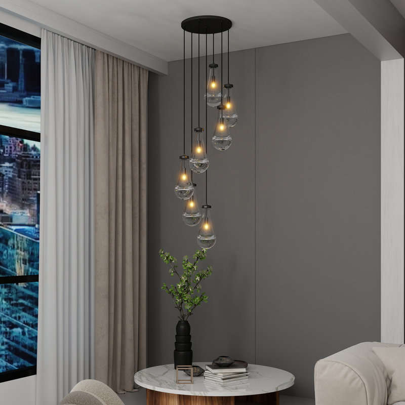 Luminaire suspendu 7 lumières en forme de goutte d'eau, hauteur réglable, lustre en fer noir avec abat-jour en verre transparent