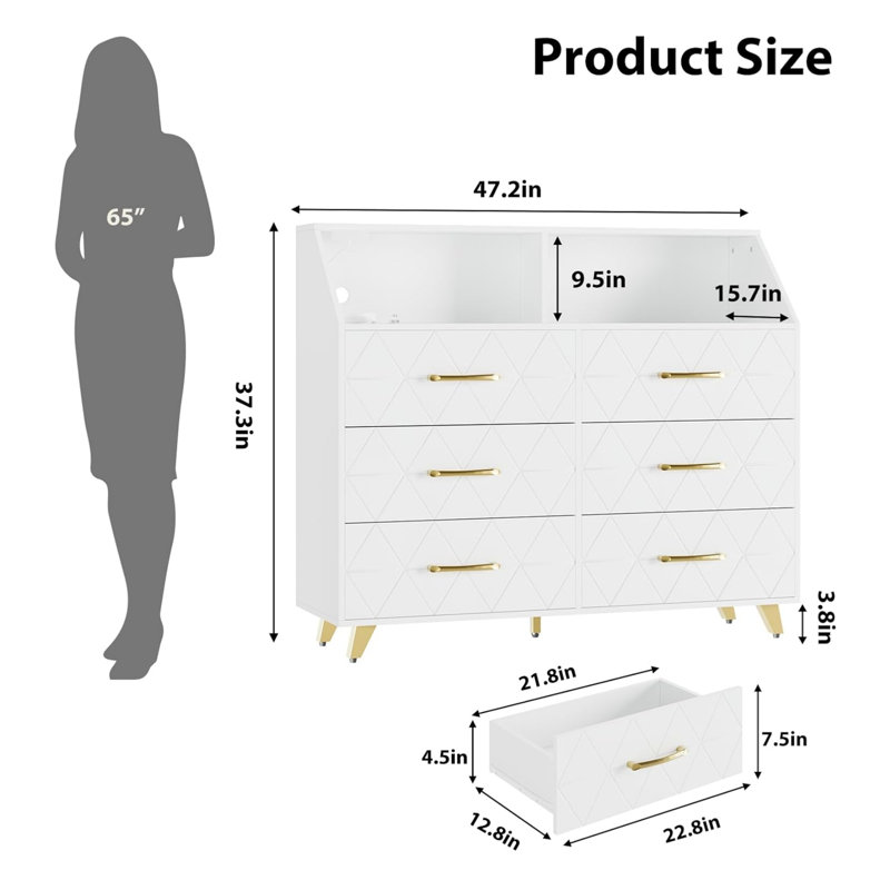 119.9 cm W Chest of 6 Drawers, White