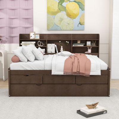 Full Size Wooden Daybed with Built-in Bookshelves, Storage Drawers, Twin Trundle