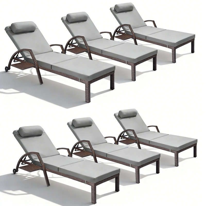 Chaise longue de patio avec plateau latéral escamotable et roulettes, fauteuil inclinable d'extérieur réglable en osier avec coussins épais pour piscine, cour arrière, beige (ensemble de 6)