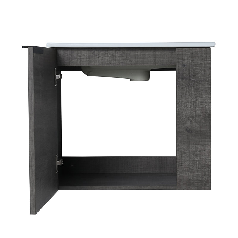 Meuble-lavabo mural simple de 22 po avec meuble-lavabo en céramique Mian, Chêne gris carreauté