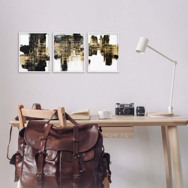 «Bold Black Brushstrokes», ensemble de 3 estampes dorées par Alex Wise, Giclée encadrée blanc bord de mer, H 14 po x l 11 po