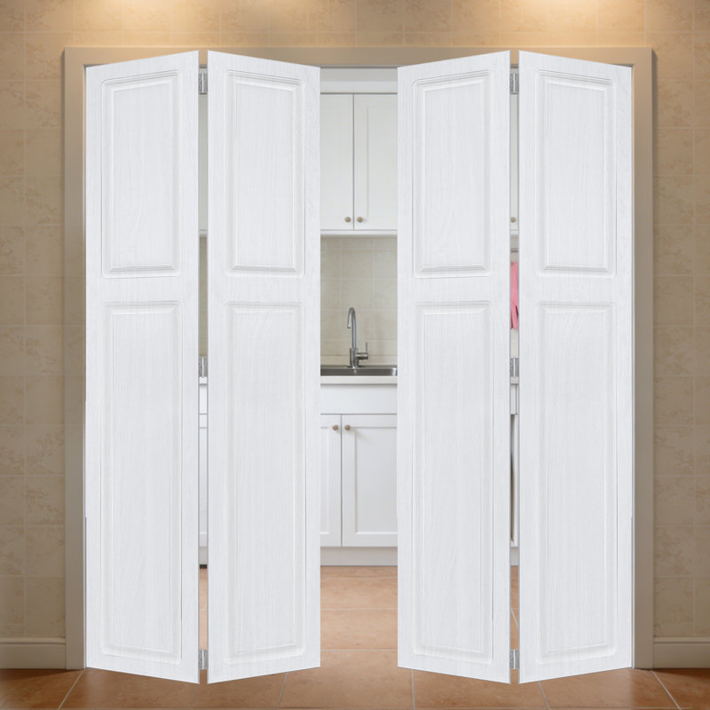 Double 2 panneaux bi-pliables 80 po x 48 po Porte de grange coulissante en panneau de fibres à densité moyenne noyer blanc avec ensemble de quincaillerie