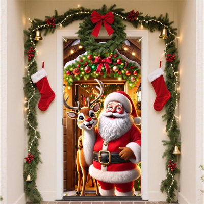 Santa Claus Christmas Door Banner With Reindeer Banner