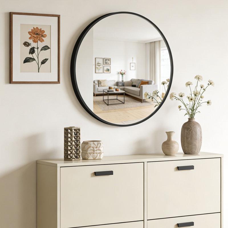 Miroir de salle de bain rond avec cadre en alliage d'aluminium et verre trempé, Noir mat, 30 po x 30 po
