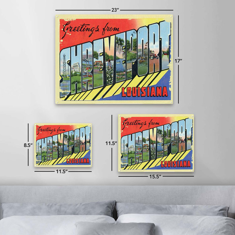 «Greetings From Shreveport Louisiana» sur reproduction métallique, H 11,5 po x l 15,5 po x P 0,04 po