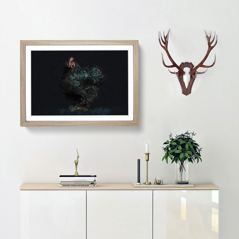 Black Rooster in Abstract - Picture Frame Graphic Art Print, 27cm H x 36cm W x 2cm D, Oak Framed