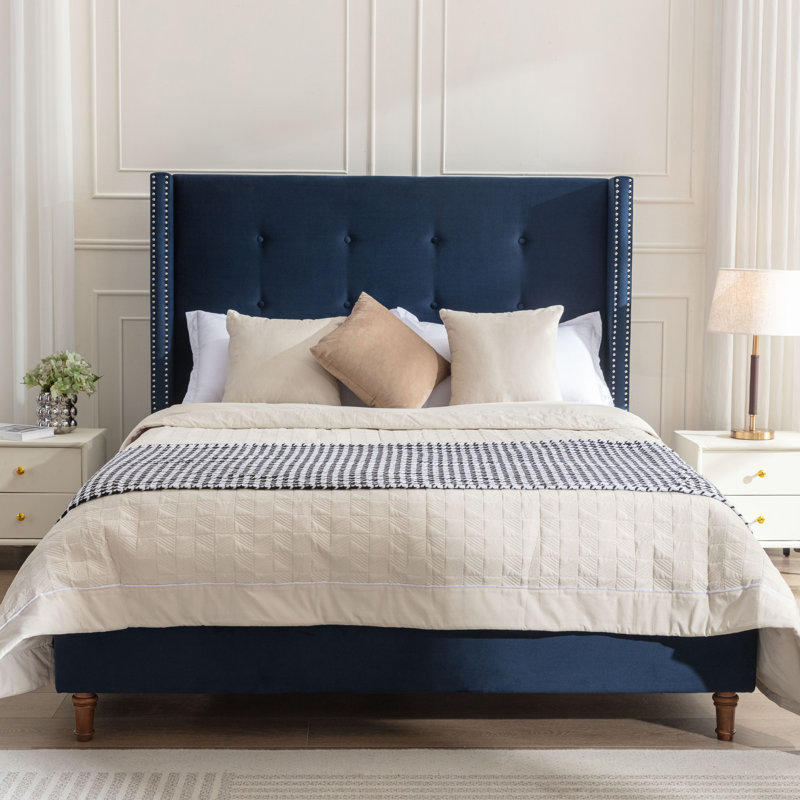 Peyton Upholstered Queen Bed with 54" Tall Tufted Headboard, Nailhead Trim Wingback, No Box Spring Needed, Blue Velvet, Blue