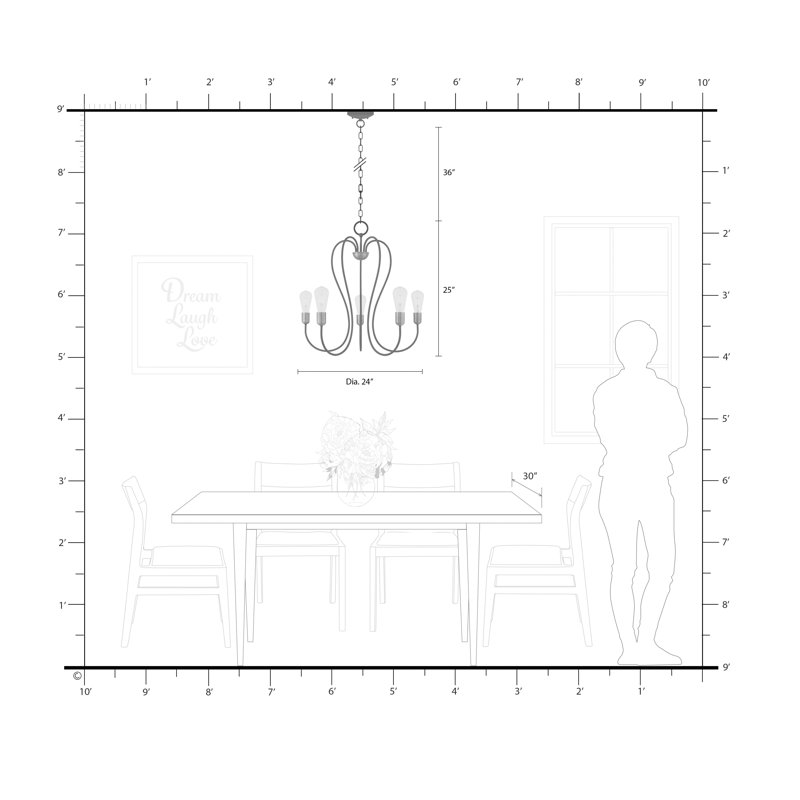Lustre classique / traditionnel à 5 lumières de style bougie Rocha, H 9 po x l 31 po x P 28 po, Bronze, 7