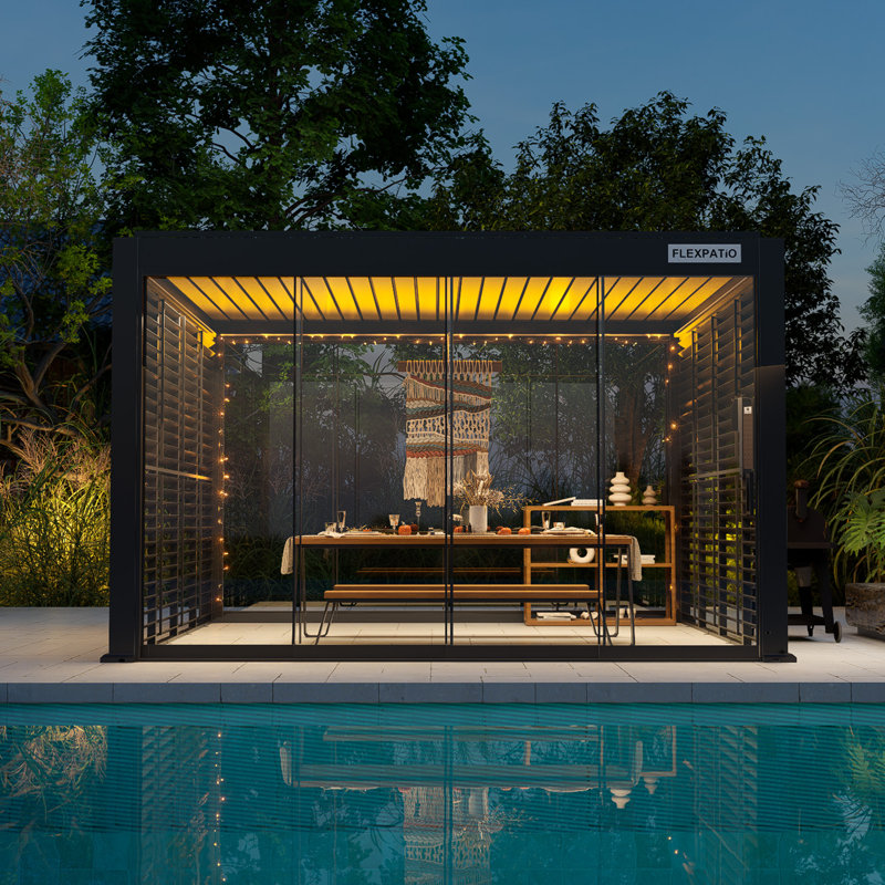 Pavillon de jardin permanent en métal L 13 pi. Pergola motorisée à persiennes d'extérieur D Power + Pro