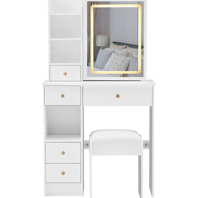 Small - Sized 29.2" Left Drawer Desktop Vanity Table And Cushioned Stool, Touch Controlled Tri Color Switching, Brightness Adjustable Led Mirror, Ideal For Bedrooms With Drawer, Operated Little In
