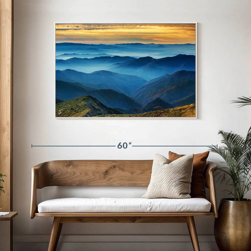 Paysage de montagne apaisant, 46 po x 31 po, Cadre flottant blanc