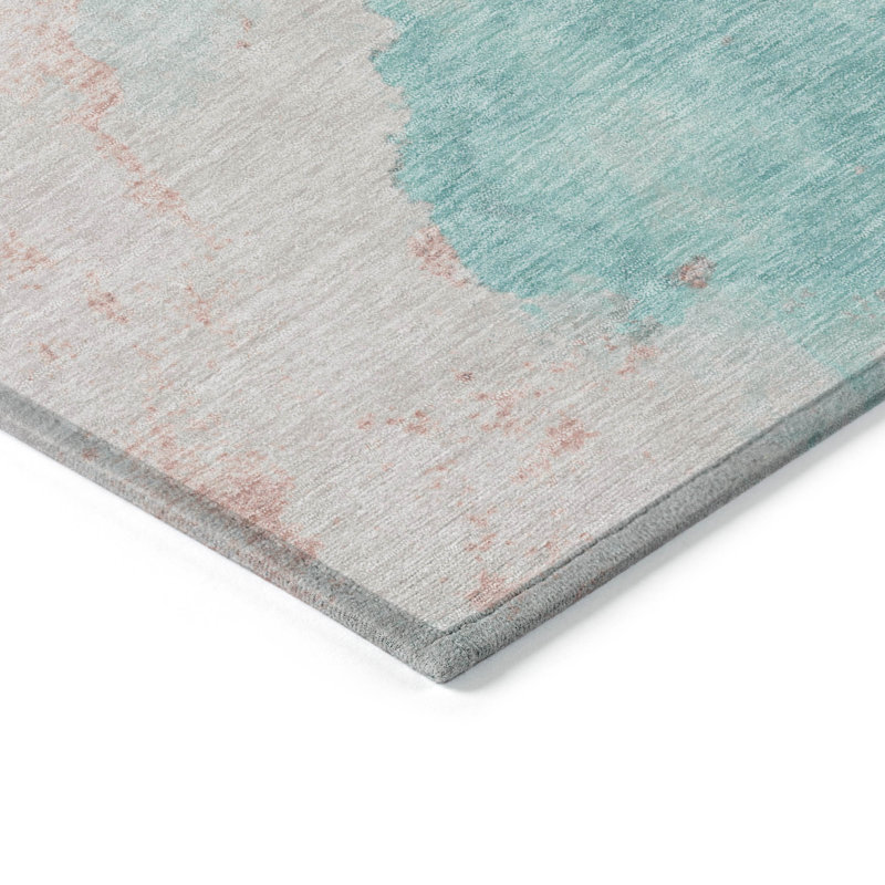Tapis bleu sarcelle lavable à la machine intérieur / extérieur Xhevrie, Rectangle 1 pi 8 po x 2 pi 6 po