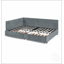Lit double capitonné avec rangement, dossier, accoudoirs et revêtement en velours gris, au design confortable comme un canapé.
