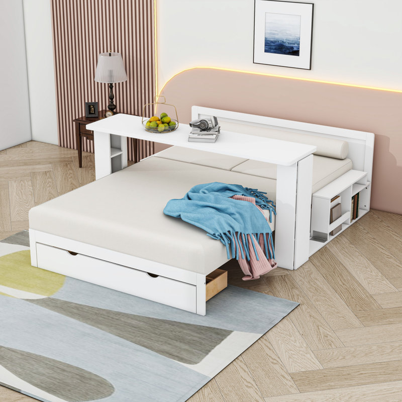 Lit de jour à 2 tiroirs avec bureau amovible et tablettes latérales, Complet/Double, Blanc