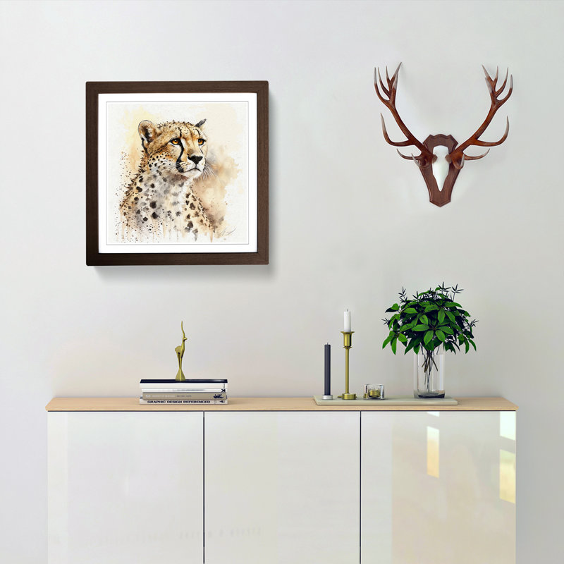 Cheetah Watercolour - Single Picture Frame Print on Wood, Walnut