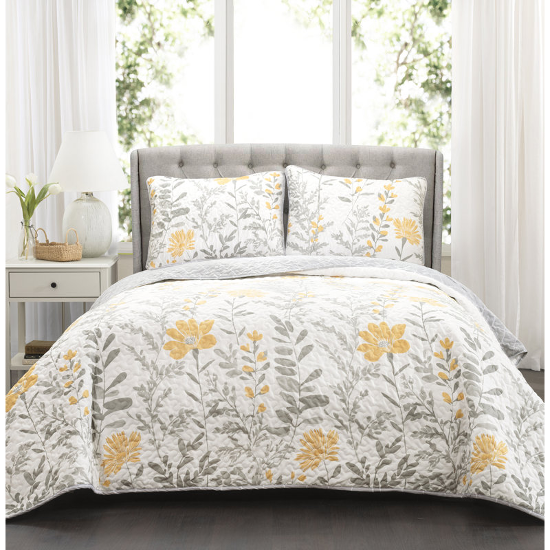 Yellow and Gray Reversible Floral King Microfiber Quilt Set