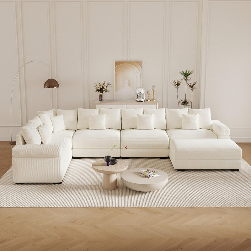 Canapé modulaire surdimensionné en L de 154 po avec repose-pieds en velours côtelé, Beige Corduroy