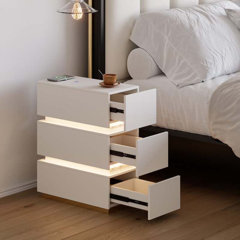 Narrow 3-Drawer LED Smart White Bedside Table with Wireless Charger