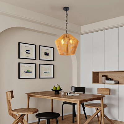 Luminaire suspendu en corde de chanvre de 17 po - Luminaire suspendu artisanal pour îlot de cuisine, salle à manger, finition naturelle de chambre à coucher, fer à hauteur réglable et tissé à la main