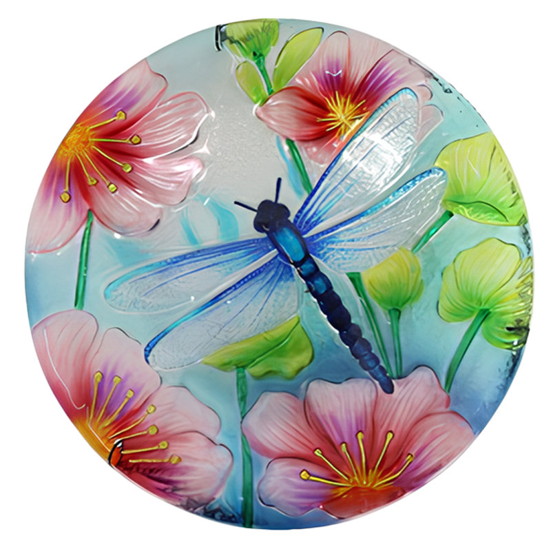 Colorful Hanging Glass Bird Bath with Dragonfly