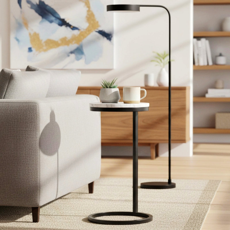 Table d'appoint ronde avec pieds en métal, H 24 po x l 12 po x P 12 po,  Marbre blanc