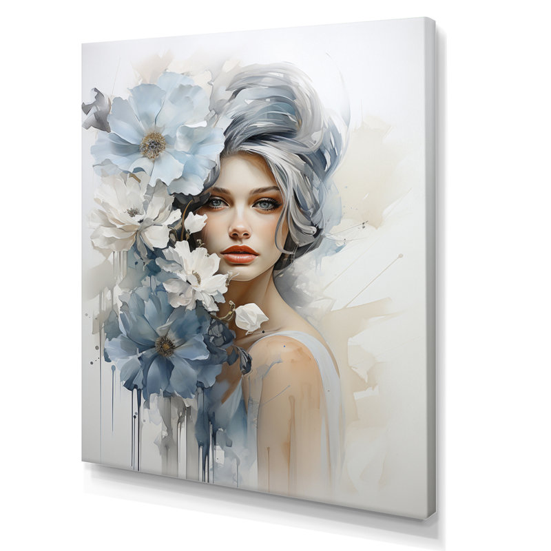 «Lakeea Blue White Woman Portrait», reproduction d'art sur toile tendue, H 32 po x l 16 po x P 1 po