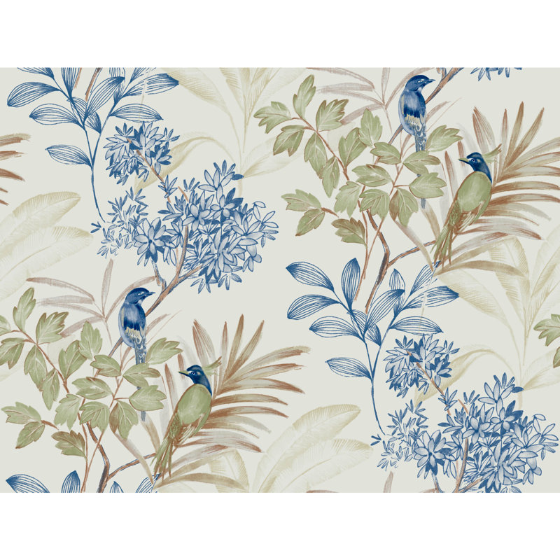 Handpainted Songbird Peel & Stick Wallpaper, Green & Blue