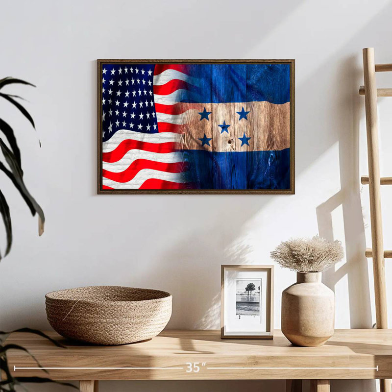 USA And Honduras Flag, 19" X 13", Floating Frame Walnut