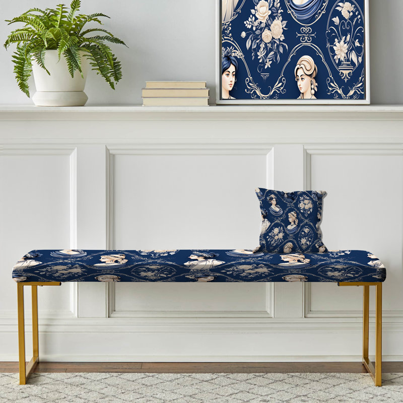 Cobalt Blue Cameo Portraits Victorian Pattern - Floral Upholstered Gold Bench