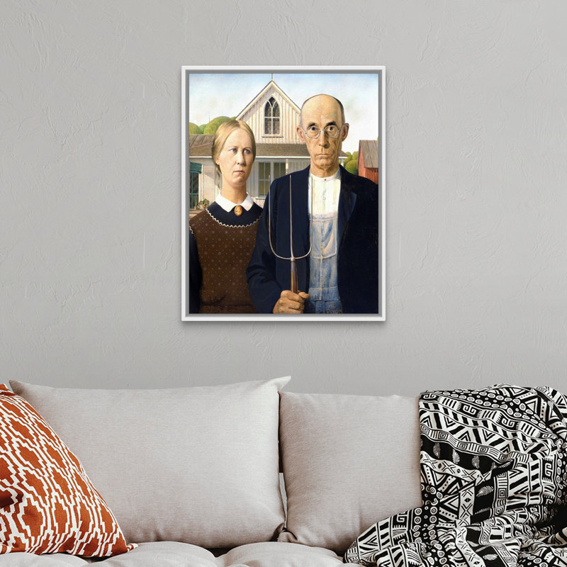 «American Gothic» par Grant Wood - impression, H 32 po x l 26 po x P 1,75 po, Cadre flottant blanc