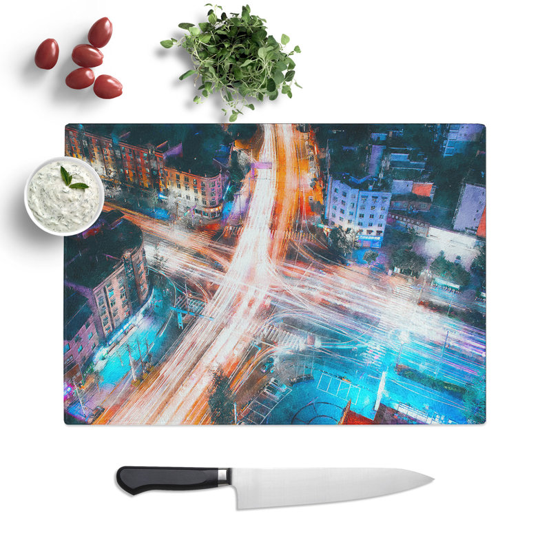Tempered Glass Urban City Lights Painting Chopping Board, 20 cm x 28.5 cm