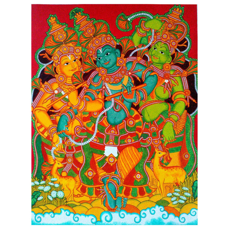 Krishna avec Rukmini et Satyabhama | Acrylique sur toile par Arun Kumar