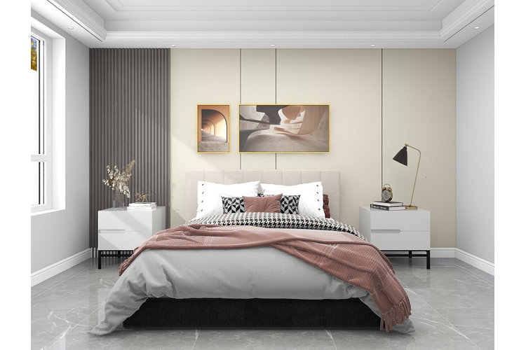 bedroom with soundproof wall panels behind the bed