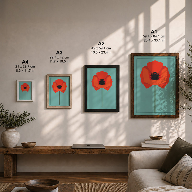 Solitary Poppy Botanical - Framed Print, A1 - 84.1 x 59.4 cm, Oak