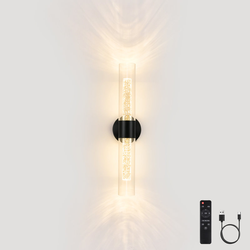 Extra Large 21.5" Modern Cordless Wall Sconce - Rechargeable LED Wallchiere with Bubble Crystal Glass Shade & Remote, Matte Black