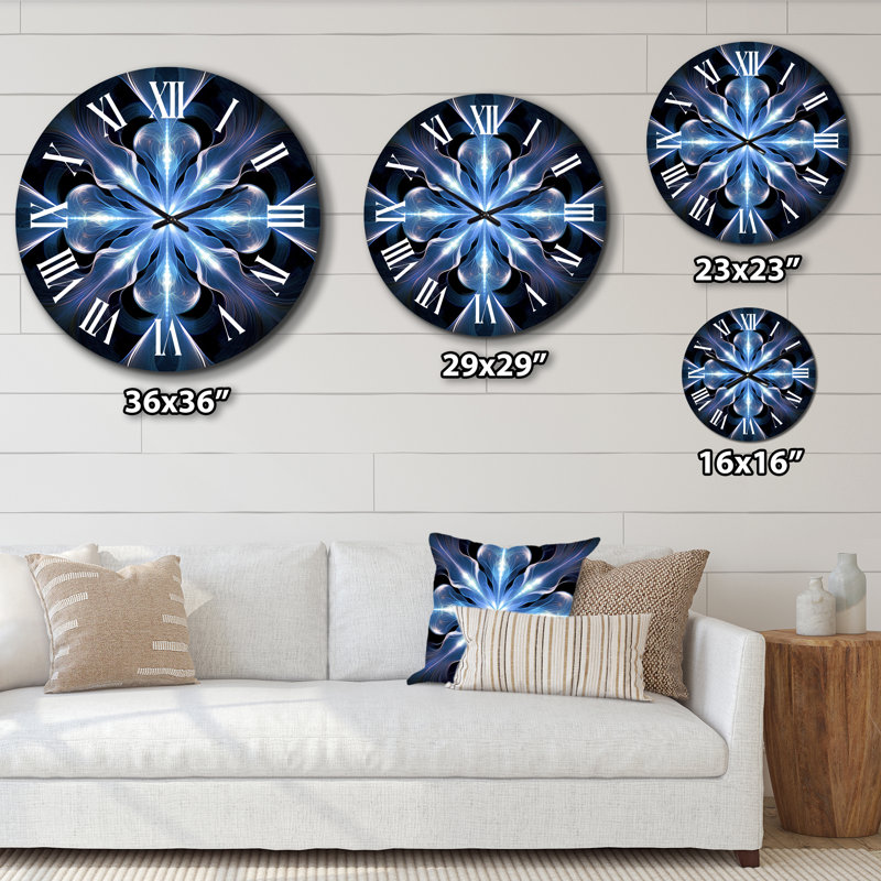 Horloge murale en métal turquoise et fleurs blanches fractales, Moyenne