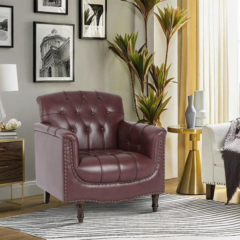 80 Cm Wide Tufted Armchair, Dark Red Faux Leather