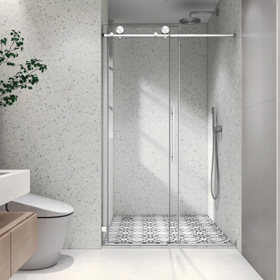 Une porte de douche fixe et une porte décalée sans cadre, grandes poulies 70 SM 304 SUS avec fonction de fermeture en douceur réglable, avec nettoyage facile et protection anti-déflagrante