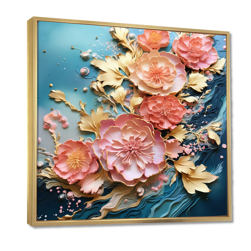Vague en fleurs roses et dorées - décoration murale art floral moderne, Toile avec cadre flottant or
