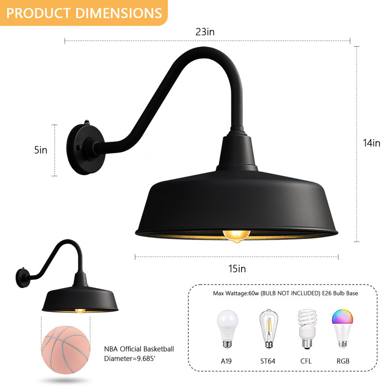 Bechard Black Finish Dusk To Dawn Outdoor Wall Barn Light, 12.3" H x 11" W x 18" D, 1 Light