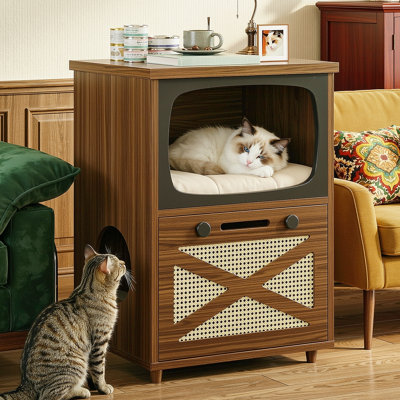 Cat House for Indoor, 2-Tier Vintage Cat Condo, TV Shaped Wooden Cat Furniture with Scratching Board, Walnut