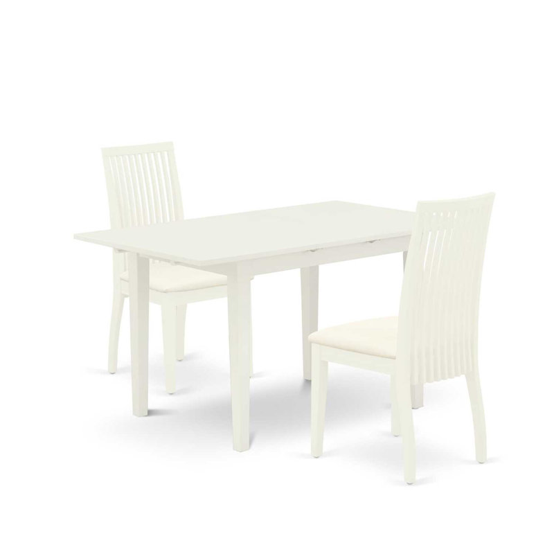L'ensemble 3 pièces de table et chaises de cuisine contient une table de salle à manger rectangulaire avec rallonge papillon et 2 chaises de salle à manger en tissu de lin, blanc lin