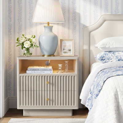George Oliver Modern Fluted Nightstand with Motion Sensor LED Light, 2 Drawer Bedside Table with Charging Station (USB & Outlets), Wood End Table for Bedroon