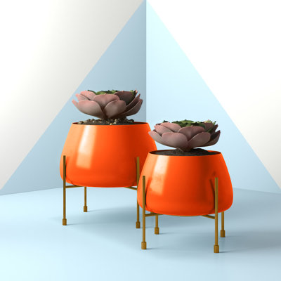 Keneen 2 Piece Metal Indoor Outdoor Planter with Removable Stand Set