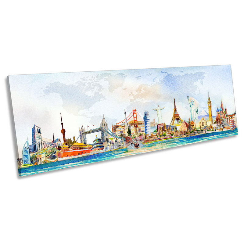 Famous World Landmarks Travel - Wrapped Canvas Panoramic Painting, 30.48cm H x 91.44cm W x 2cm D