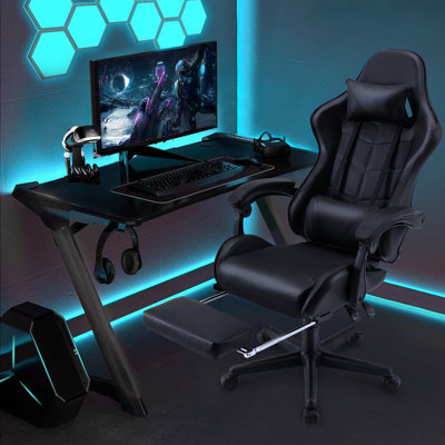Soontrans Gaming Chair with Footrest High Back Office Chair with Headrest&Massage Lumbar Support Swivel Ergonomic Gaming Chair for Adults by Ivy Bronx