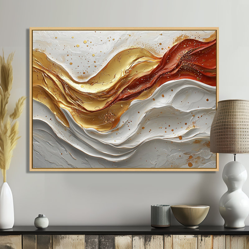 Rivière dorée de Calacatta, marbre abstrait II - art mural en marbre, H 30 po x l 40 po, Cadre flottant, Doré